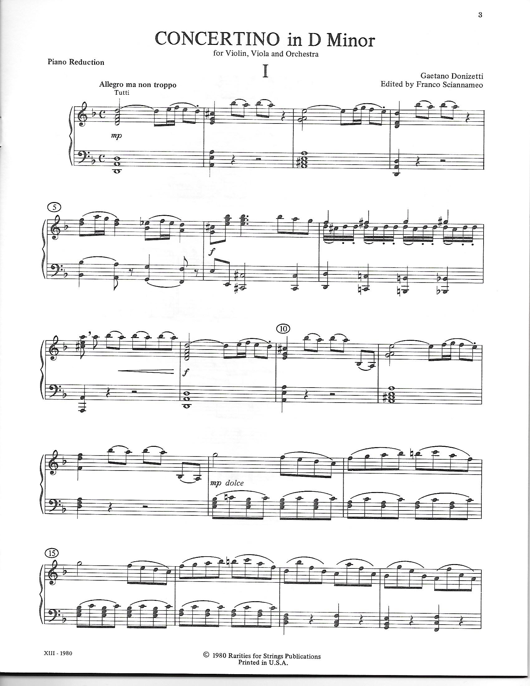 Donizetti, Gaetano - Concertino in D Minor for Violin, Viola & Orchestra, Piano Reduction - Music